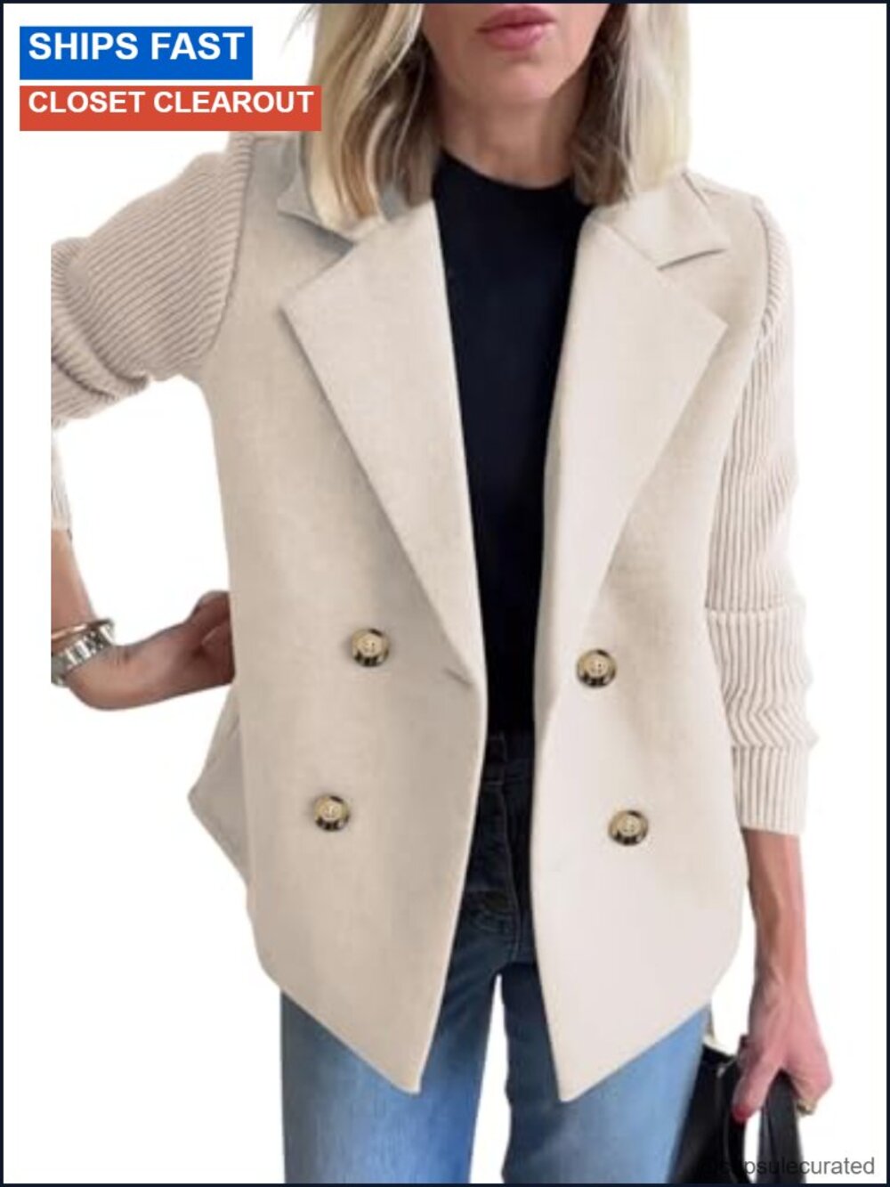Wool Blend Pea Coat Double Breasted Ribbed Knit Long Sleeve Blazer Jacket